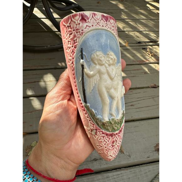 Vintage Ceramic Cherub Angel Wall Pocket Vase 6.5 pink blue Made in Japan - Picture 13 of 14